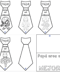 Seis plantillas para colorear imprimibles del Día del Padre: cuatro corbatas con superhéroes y texto en español ("Papá eres mi héroe"), una corbata sencilla y una tarjeta que dice "Papá eres el MEJOR" con espacio para dibujar o escribir.